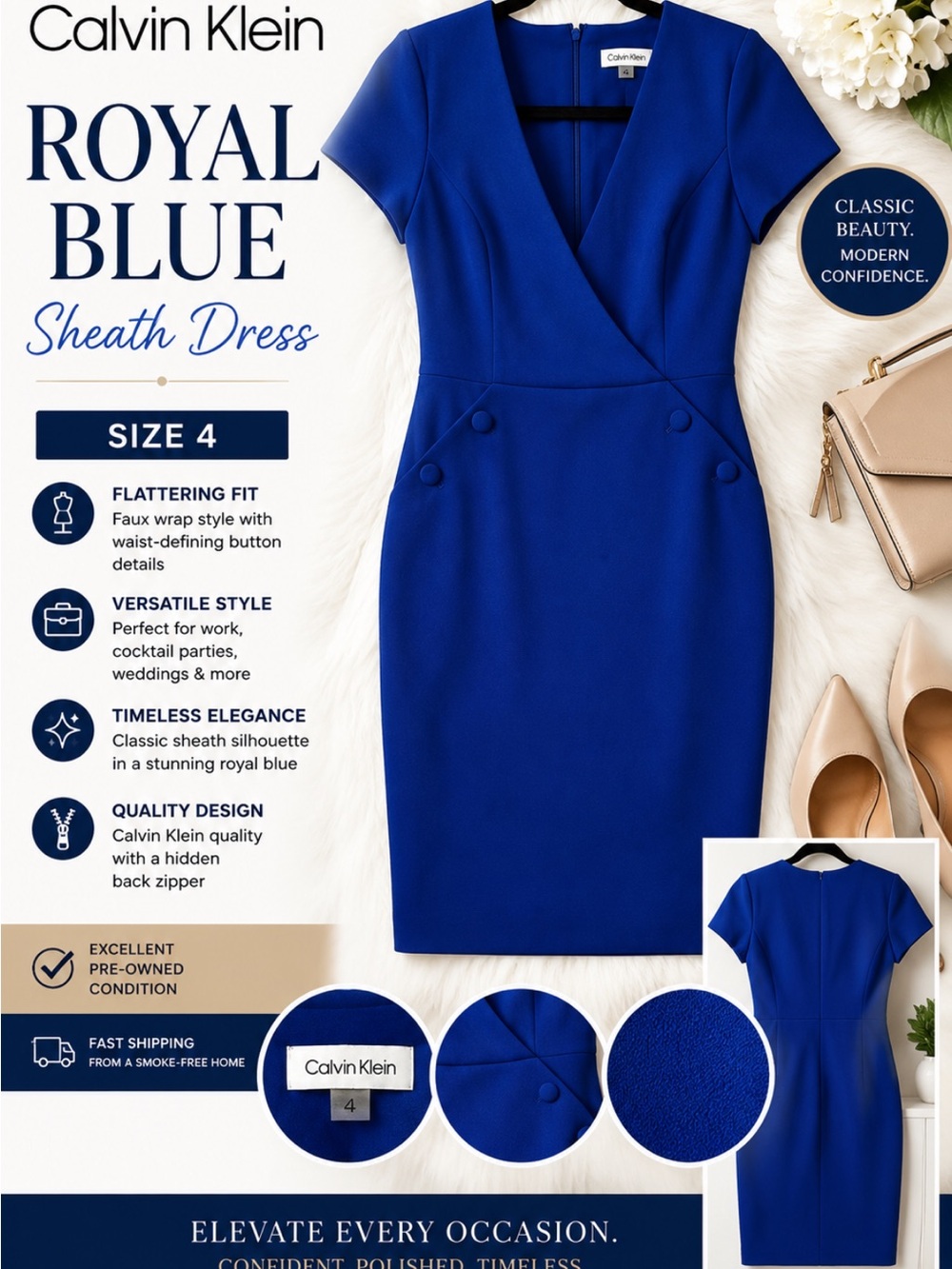 Calvin Klein Royal Blue Faux-Wrap Sheath Dress